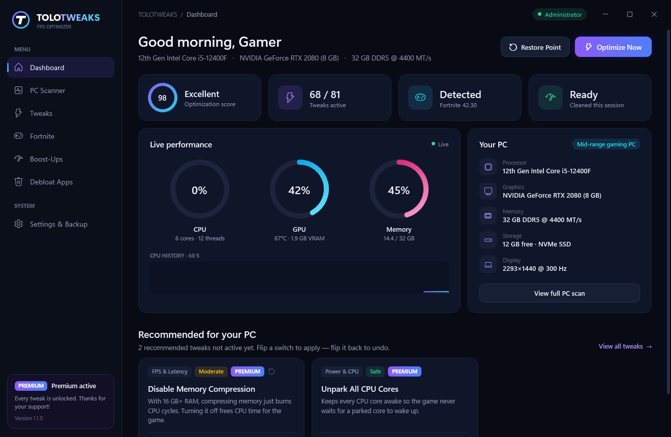 TOLOTWEAKS dashboard with live CPU, GPU and RAM usage