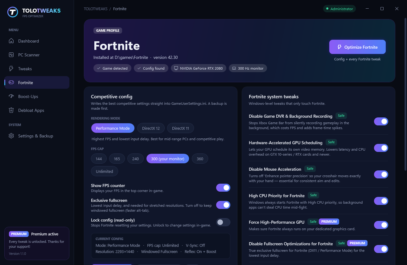 Fortnite profile page with competitive config options