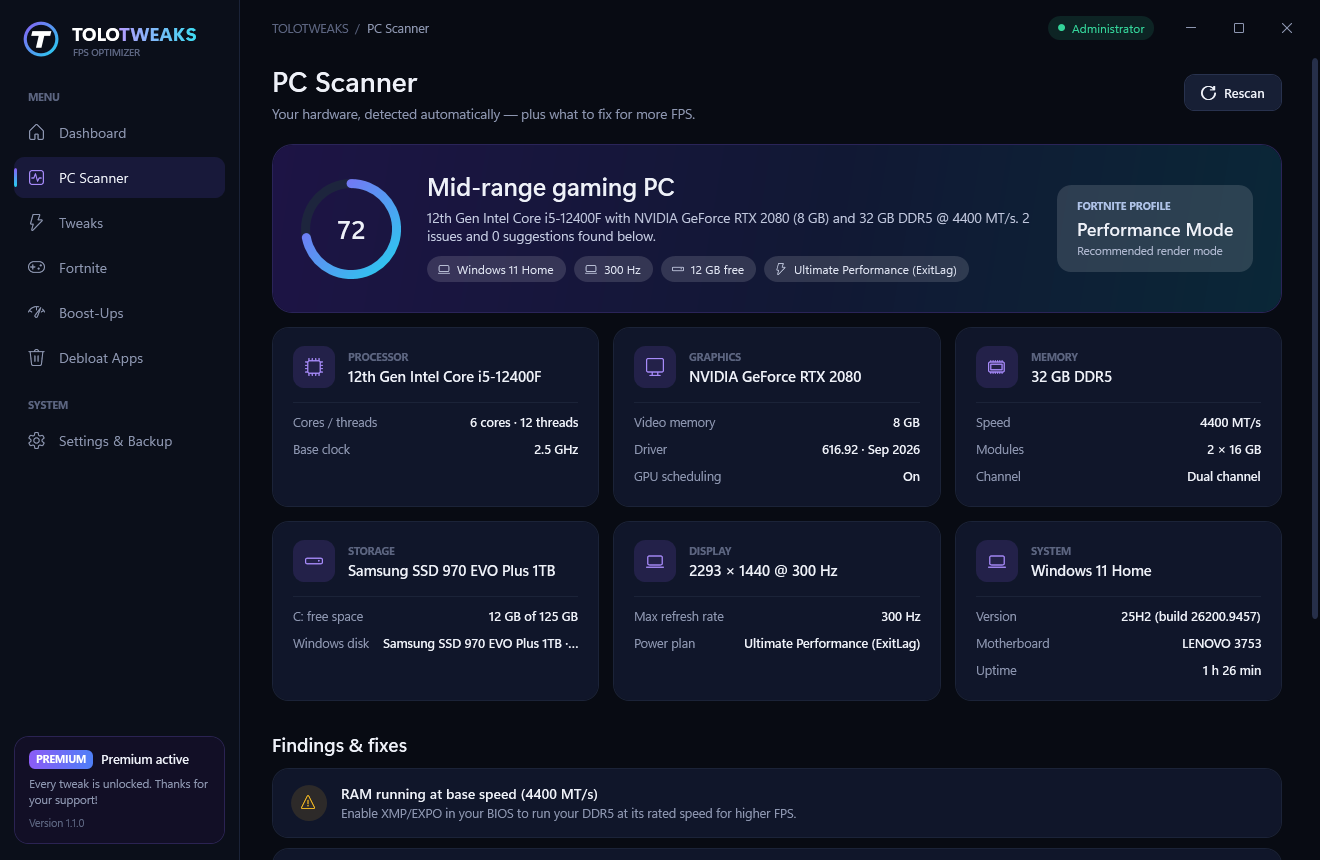 PC Scanner showing hardware specs and recommendations