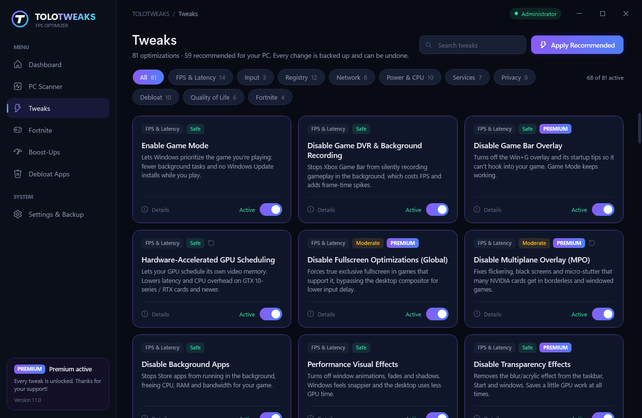 Tweaks page with category filters and toggle switches
